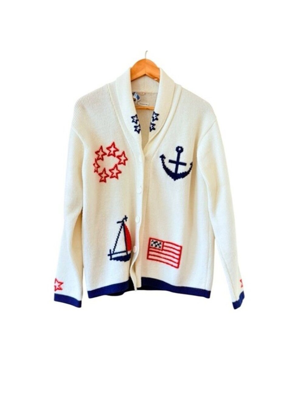EXCLUSIVELY FOR CARINA Vintage Made In Republic Of Korea Nautical Cardigan L - Picture 2 of 6